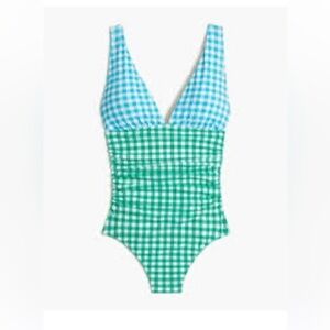 NWOT J. Crew Ruched Gingham One-Piece green blue